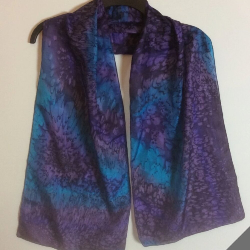 Blue Purple Watercolor Scarf Artisan Boho Oil Slick Print Rectangular Neck Wrap